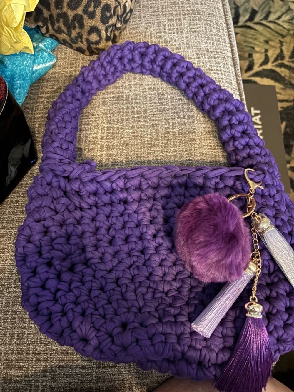 Handcrafted Purple Chunky Knit Shoulder Bag with Tassel & Pom-Pom